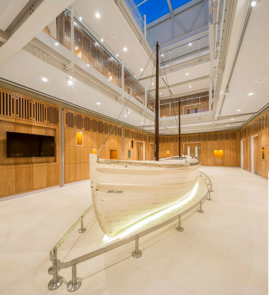 The James Caird in its new position at Dulwich College. Image James Caird Society.