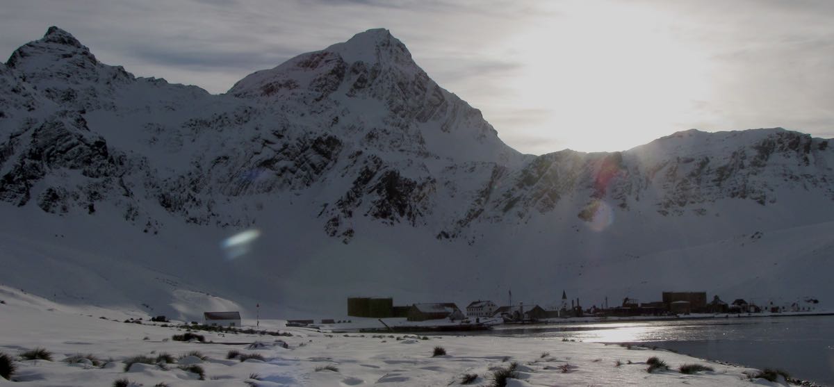 Grytviken whaling station under Mt Hodges on a calm winters day.